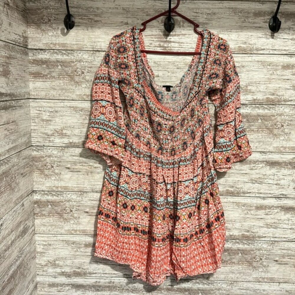 Torrid Mosaic Print Smocked Bell Sleeve Dress Size 2